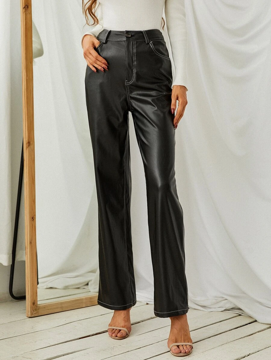 High Waist PU Leather Straight Leg Trousers - Black - View 1