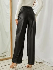 High Waist PU Leather Straight Leg Trousers - Black - View 2