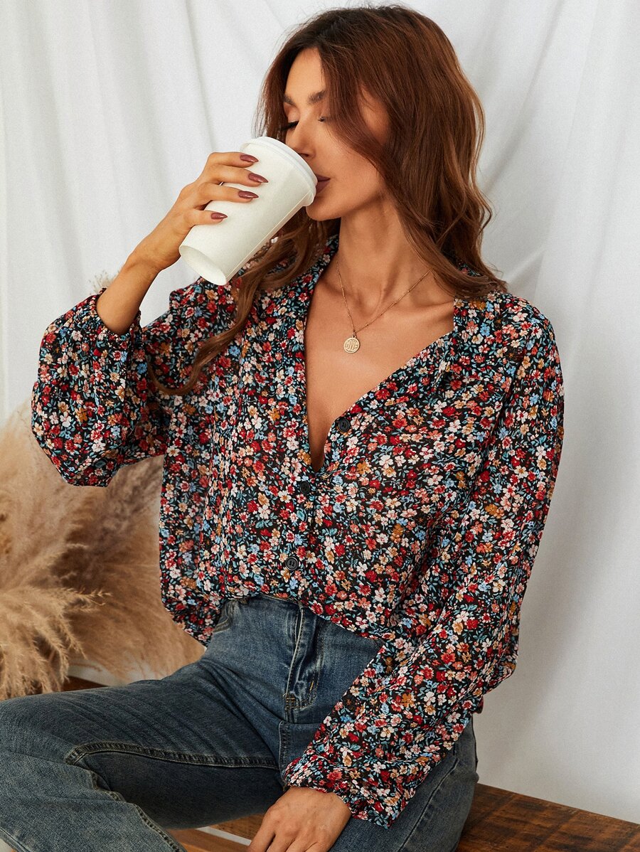 SHEIN Frenchy 小碎花燈籠袖襯衫