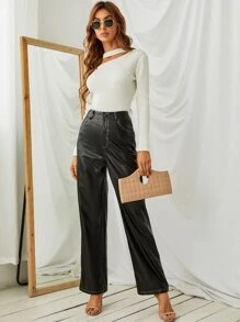 High Waist PU Leather Straight Leg Trousers - Black - View 5