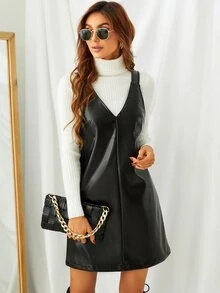 PU Leather Overall Dress Without Sweater - Black - View 3