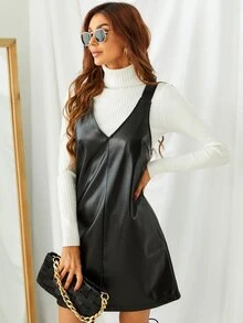 PU Leather Overall Dress Without Sweater - Black - View 4