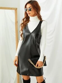PU Leather Overall Dress Without Sweater - Black - View 5