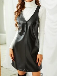 PU Leather Overall Dress Without Sweater - Black - View 6
