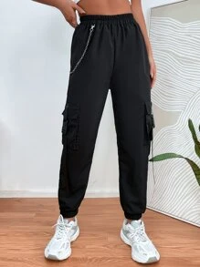 SHEIN PETITE Chain Detail Flap Pocket Buckle Trousers - Black - View 1