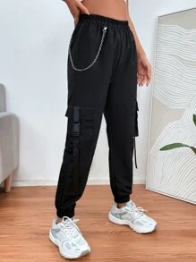 SHEIN PETITE Chain Detail Flap Pocket Buckle Trousers - Black - View 3