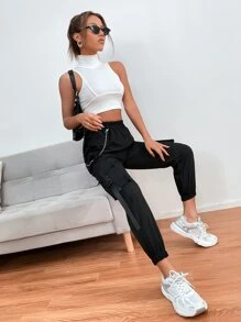 SHEIN PETITE Chain Detail Flap Pocket Buckle Trousers - Black - View 4