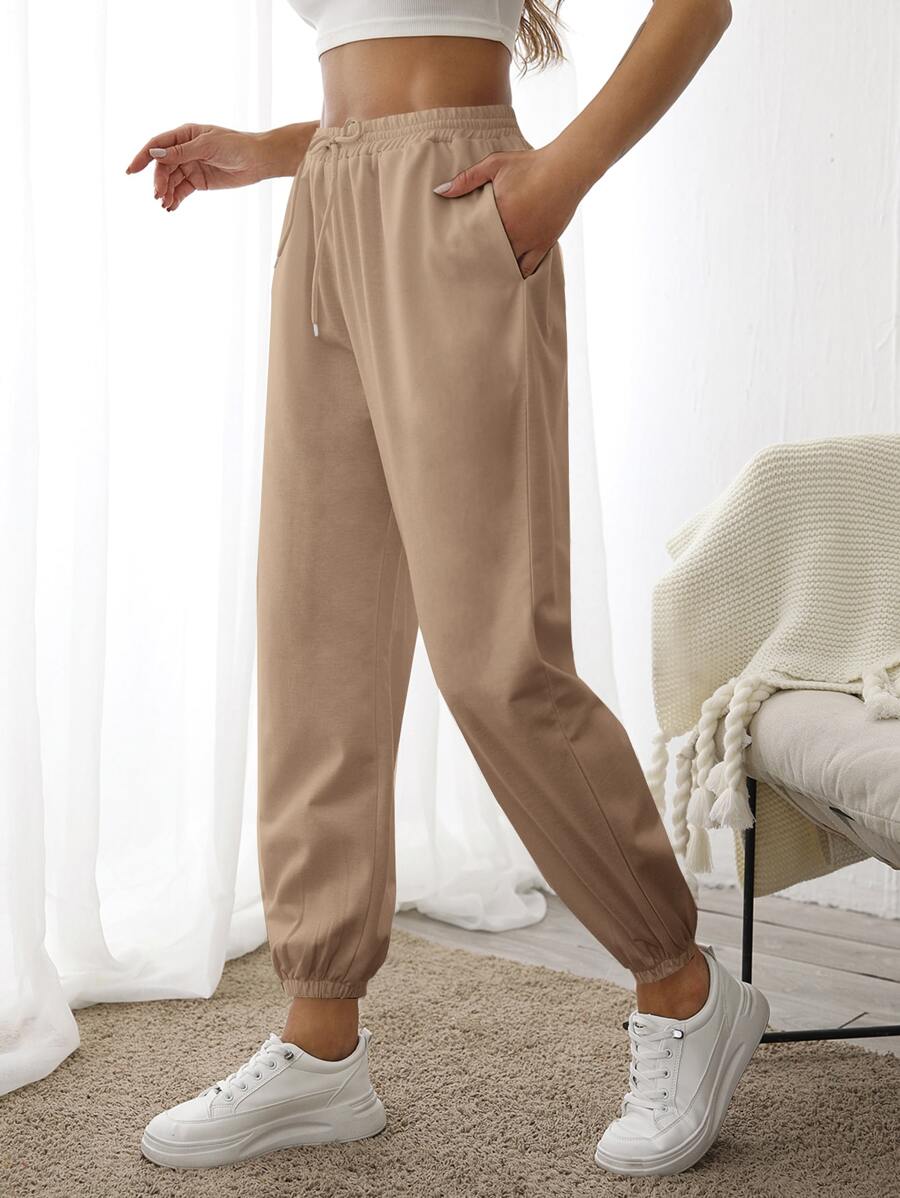 Pantalones deportivos con estiramiento alto suave recortado - Caqui - Ver 1