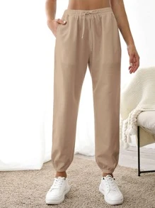 Pantalones deportivos con estiramiento alto suave recortado - Caqui - Ver 4