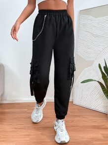 SHEIN PETITE Chain Detail Flap Pocket Buckle Trousers - Black - View 5