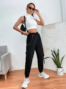 SHEIN PETITE Chain Detail Flap Pocket Buckle Trousers - Black - View 6