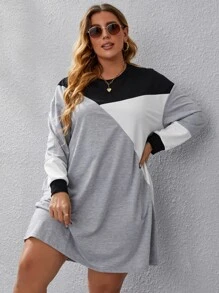 SHEIN LUNE Đầm Plus Size Khối Màu Giải trí - Xám - Xem 3