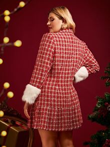 SHEIN Plus Fuzzy Panel Double Breasted Ruffle Hem Plaid Tweed Overcoat - Red and White - View 3
