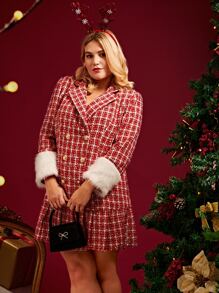 SHEIN Plus Fuzzy Panel Double Breasted Ruffle Hem Plaid Tweed Overcoat - Red and White - View 1