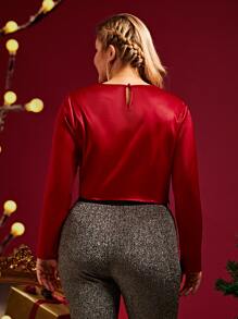 SHEIN 大碼交叉前後鎖孔緞面襯衫 - 酒紅色 - 查看 2