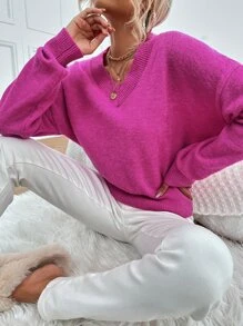 SHEIN EZwear Drop Shoulder Ribbed Knit Jumper - Hot Pink - View 1