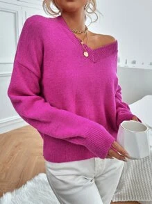 SHEIN EZwear Drop Shoulder Ribbed Knit Jumper - Hot Pink - View 3