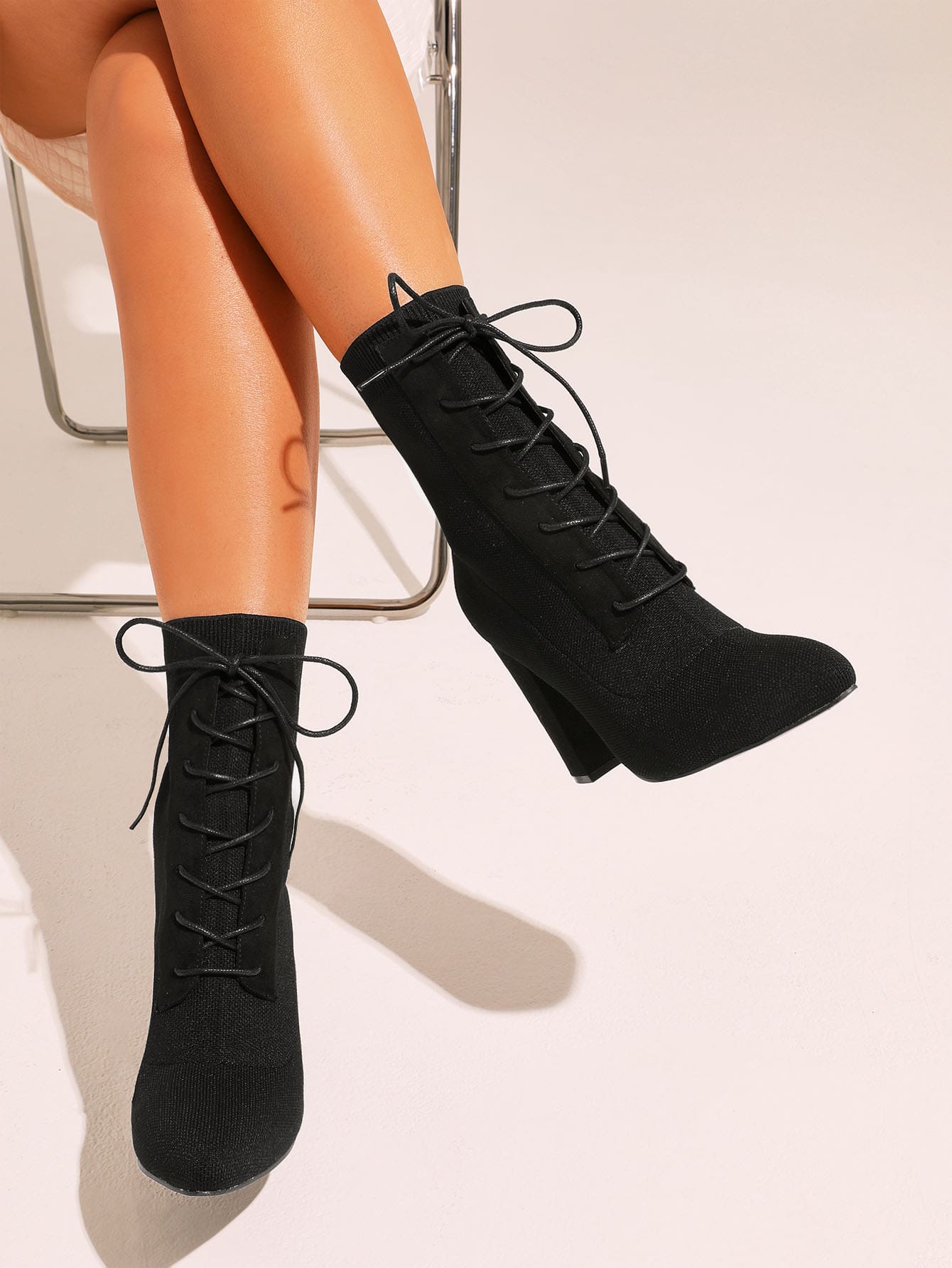 CUCCOO BASICS Women Shoes Knit Detail Classic Black Lace-Up Front Boots Vacation Shoes Summer For Spring Spring Break Easter For Christmas