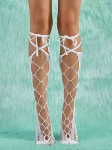 ROMWE J-Fashion 鏤空設計高筒襪 - 白色 - 查看 1