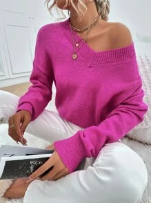 SHEIN EZwear Drop Shoulder Ribbed Knit Jumper - Hot Pink - View 6