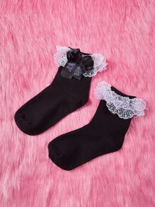 ROMWE Kawaii Lace Decor Socks - Black - View 1