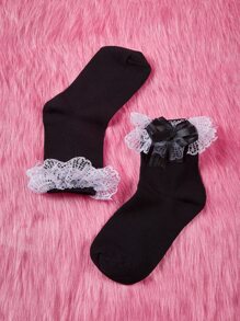ROMWE Kawaii Lace Decor Socks - Black - View 5