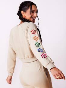 SHEIN 花卉刺繡插肩袖運動衫 - 米色 - 查看 2