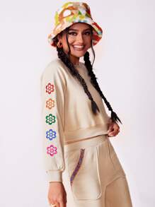 SHEIN 花卉刺繡插肩袖運動衫 - 米色 - 查看 3