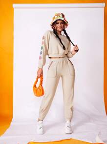 SHEIN 花卉刺繡插肩袖運動衫 - 米色 - 查看 4