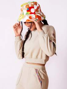 SHEIN 花卉刺繡插肩袖運動衫 - 米色 - 查看 5