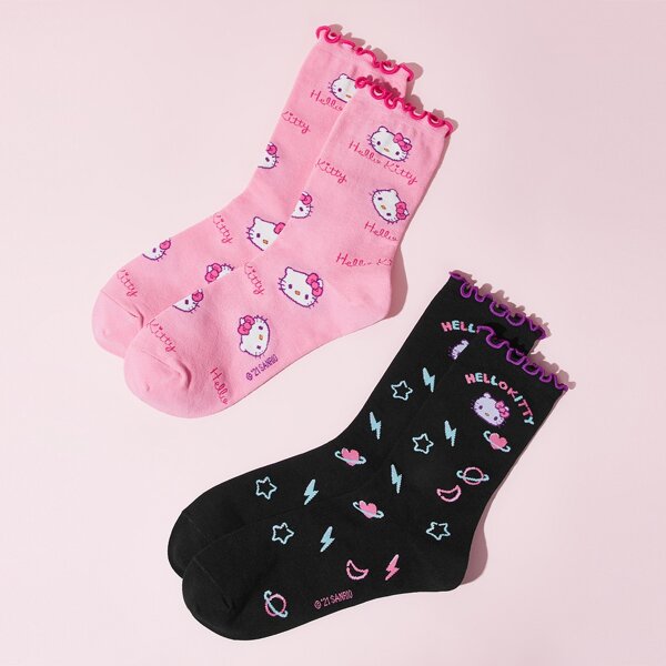 

2pairs Lettuce Trim Cartoon Graphic Socks, Multicolor