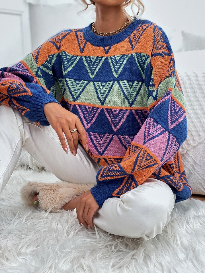 Geo Pattern Color Block Drop Shoulder Sweater | SHEIN