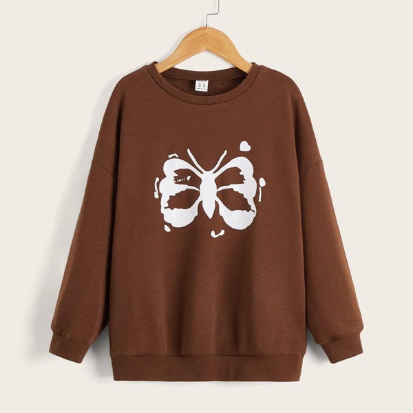 

Girls Butterfly Print Drop Shoulder Pullover, Chocolate brown