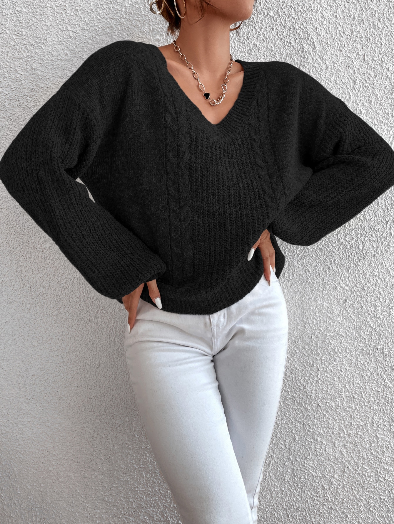 Solid Cable Knit V Neck Sweater SHEIN USA