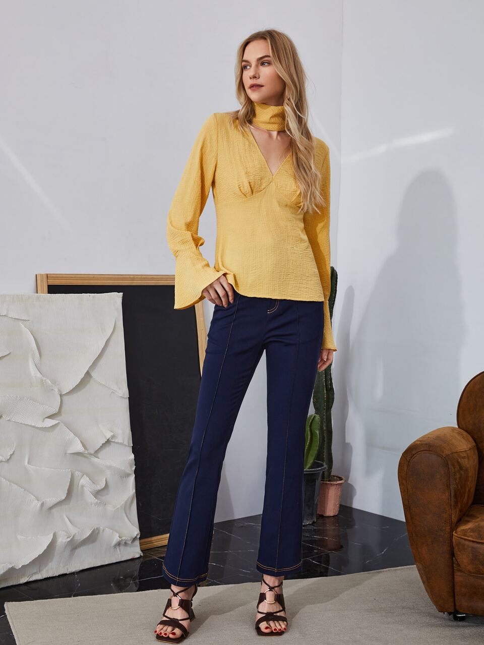Choker Neck Flounce Sleeve Blouse