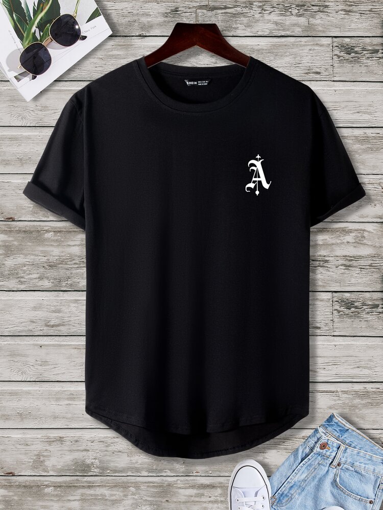 Manfinity Homme Hombres Camiseta con estampado de letra bajo curvo - Negro - Añade 1