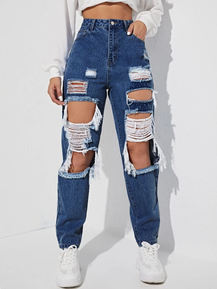 Jeans de pierna recta de talle alto con abertura roto crudo - Azul lavado oscuro - Ver 1