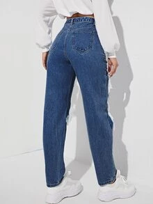 Jeans de pierna recta de talle alto con abertura roto crudo - Azul lavado oscuro - Ver 2