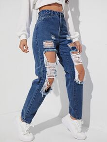 Jeans de pierna recta de talle alto con abertura roto crudo - Azul lavado oscuro - Ver 3