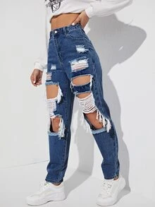 Jeans de pierna recta de talle alto con abertura roto crudo - Azul lavado oscuro - Ver 4