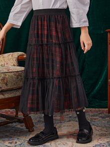 SHEIN Girls High Waist Plaid Frill Trim Ruffle Hem Mesh Skirt - Black - View 3
