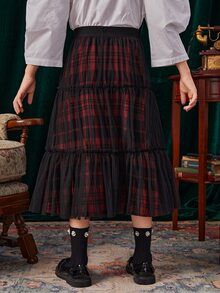 SHEIN Girls High Waist Plaid Frill Trim Ruffle Hem Mesh Skirt - Black - View 2