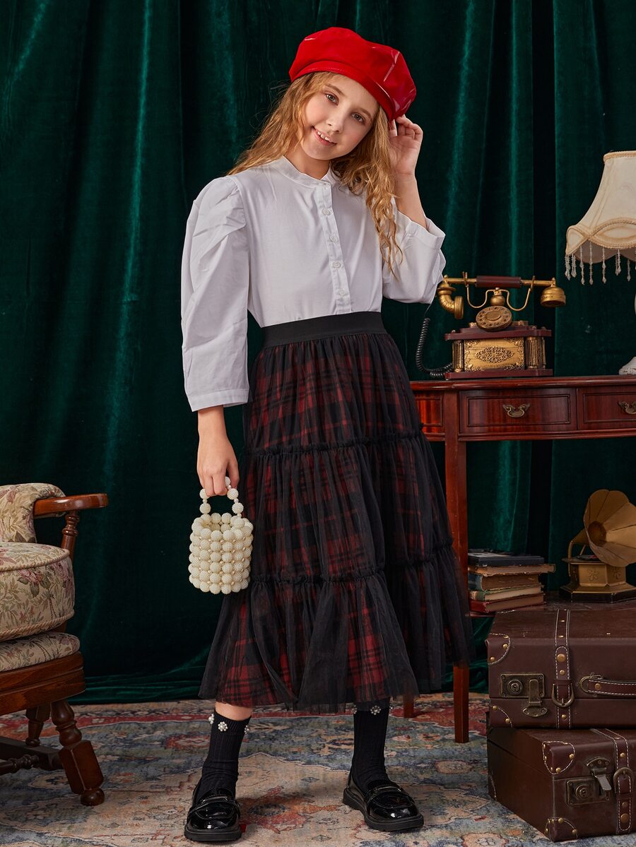 SHEIN Girls High Waist Plaid Frill Trim Ruffle Hem Mesh Skirt - Black - View 1