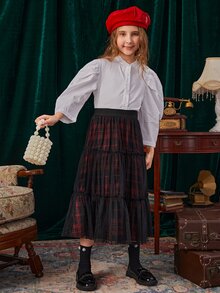 SHEIN Girls High Waist Plaid Frill Trim Ruffle Hem Mesh Skirt - Black - View 4