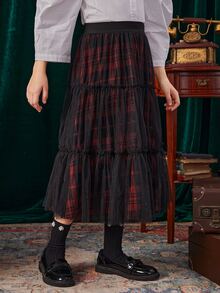 SHEIN Girls High Waist Plaid Frill Trim Ruffle Hem Mesh Skirt - Black - View 5