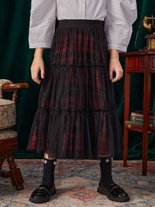 SHEIN Girls High Waist Plaid Frill Trim Ruffle Hem Mesh Skirt - Black - View 6