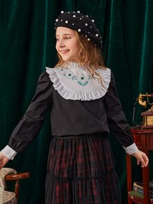 SHEIN Girls Contrast Panel Floral Print Frill Trim Blouse - Black - View 4