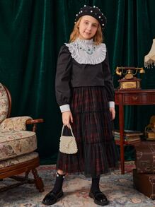 SHEIN Girls Contrast Panel Floral Print Frill Trim Blouse - Black - View 5