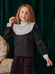 SHEIN Girls Contrast Panel Floral Print Frill Trim Blouse - Black - View 1