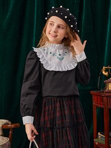 SHEIN Girls Contrast Panel Floral Print Frill Trim Blouse - Black - View 6